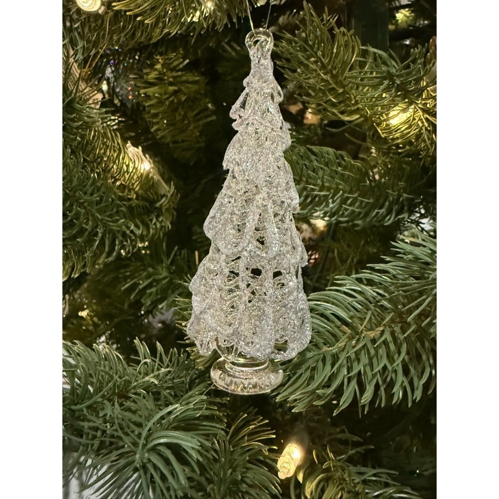 Spun Glass Christmas Tree Ornament Clear Sparkle‎ Handcrafted Vintage Style